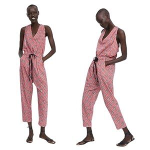 Zara Floral Print Relaxed Elastic Waistline Jumpsuit in Red & Blue